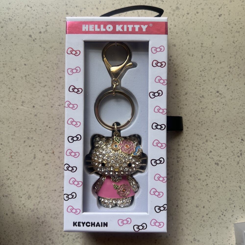 Hello Kitty Pink Keychain Official, Multicolored Pave Crystal Sanrio Keychain